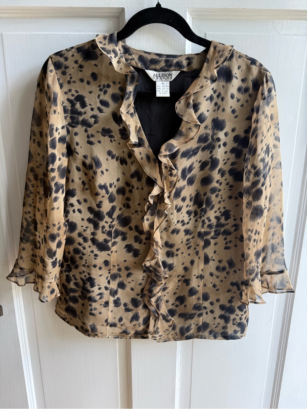 Allison Taylor Silk Leopard Print Ruffle Blouse in Tan and Black
